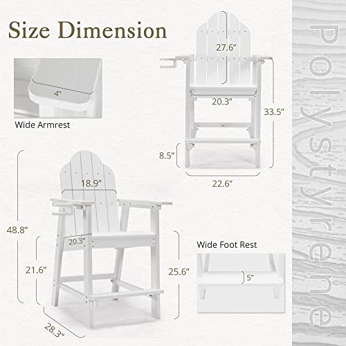 Lue Bona Tall Adirondack Chairs Set Of 2, Recycled Poly Adirondack Chair Bar Stools With Cup Holder, 25.6", 300Lbs, Eco-Friendly Balcony Chair, Weather Resistant Patio Stool For Balcony,Deck,White #TOP2