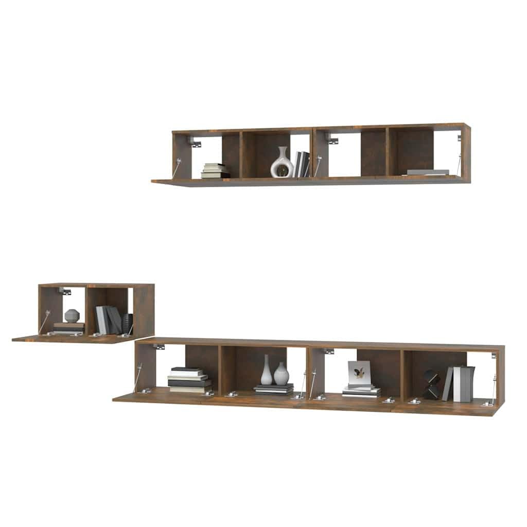 5-TLG. TV-Schrank-Set Räuchereiche Holzwerkstoff, Hängendes Lowboard für Wohnzimmer, Modernes Media Center mit Stauraum, Einfache Wandmontage