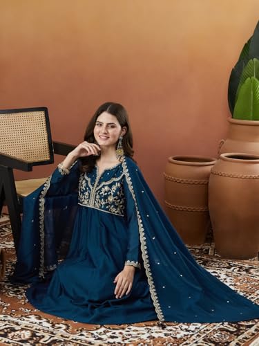 Image of MOKOSH Women's Silk Anarkali Kurta Pant with Dupatta | Anarkali Kurta Set | Embroidered | Ethnic Wear | Notch Neck Full Sleeve