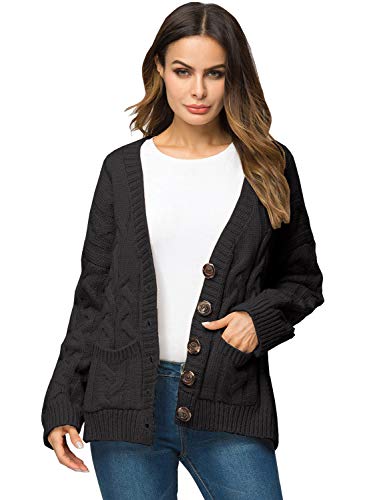 Arjungo Thick Slouchy Open Front/Button Down Oversized Cable Twist Knit Chunky Cardigan Sweaters with Pockets Black