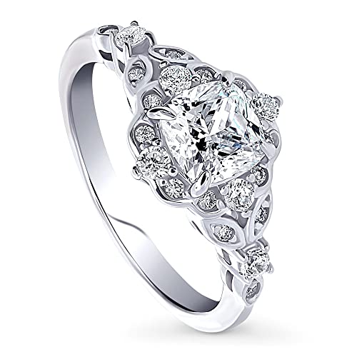 BERRICLE Sterling Silver Halo Wedding Engagement Rings Cushion Cut Cubic Zirconia CZ Vintage Inspired Art Deco Ring for Women, Rhodium Plated Size 4-10