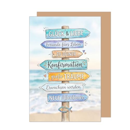 Edition Seidel Premium Glückwunschkarte zur Konfirmation mit Umschlag. Konfirmationskarte Karte Grußkarte Spruch Sprüche Mädchen Junge Jugendliche Wegweiser Strand Meer Wellen maritim (KF348 SW026)