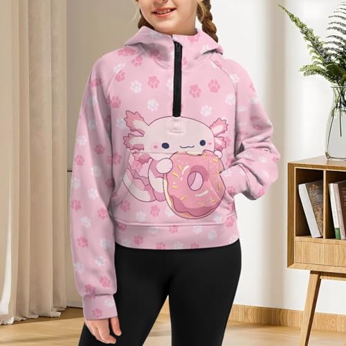 1/2 Zip Raglan Hooded Sweatshirt for Girls Loose Hoodie with Kangaroo Pocket Crop Pullover Tops for 5-14 Years4