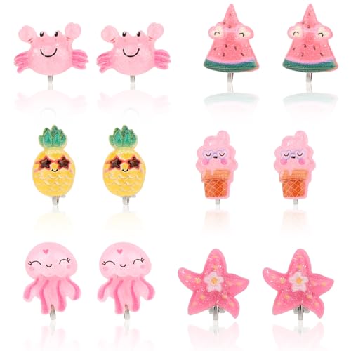 6 Pair Kids Clip On Earrings, Resin Non-Pierced Magnetic Earrings Beach-Inspired Octopus Crab and More Design Summer Theme Ear Clip Dress Up Jewelry Accessory for Girls (6 Styles)