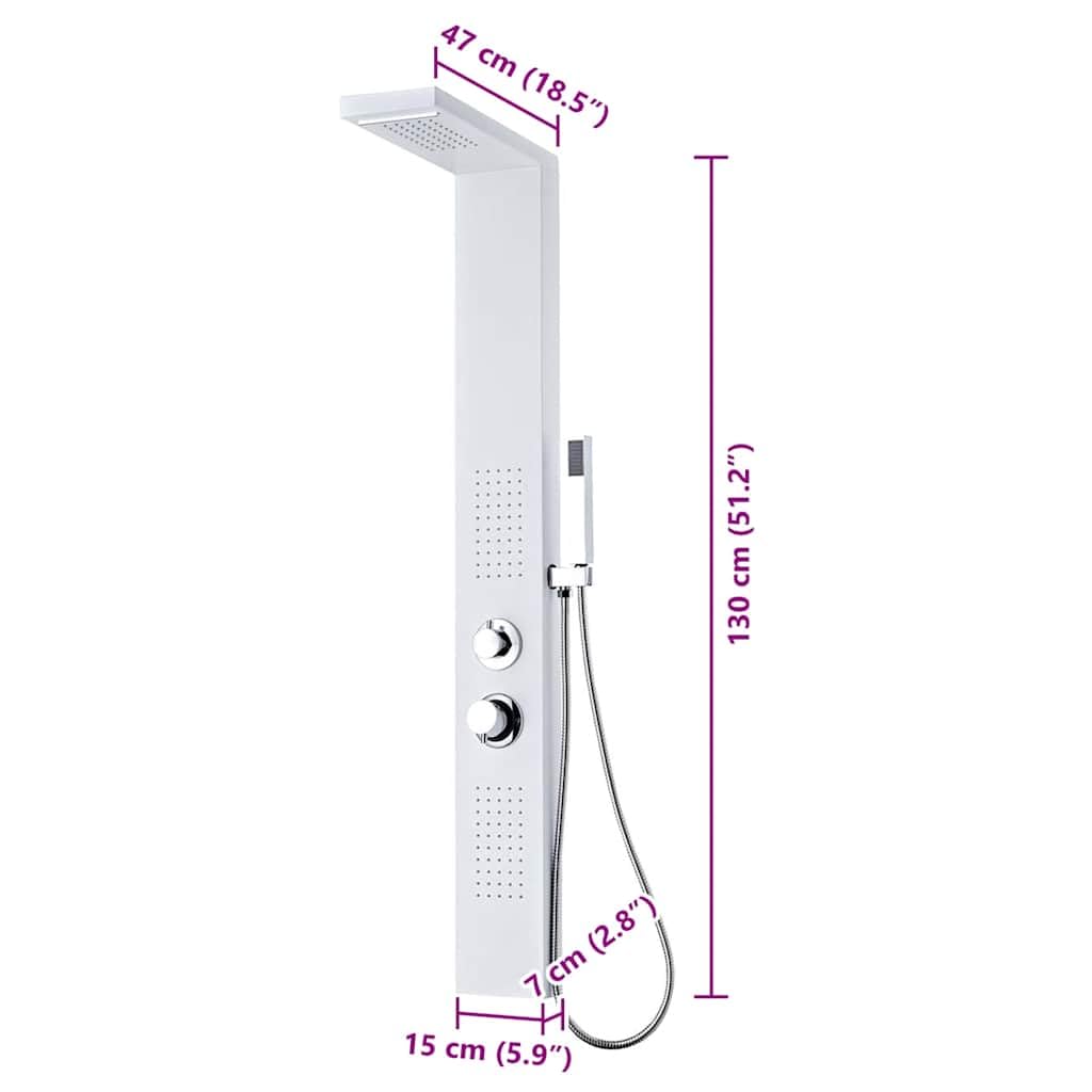 Sistema di pannelli doccia in alluminio bianco opaco, 15 x 47 x 130 cm, con 4 modalità di pioggia, cascata, massaggio e soffione doccia, ugelli in silicone contro il calcare