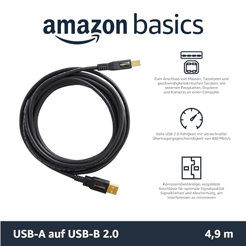Amazon Basics PC045 USB 2.0-Druckerkabel USB-A Stecker auf USB-B Stecker, für Personal Computer, 4.8 m, Schwarz – Ansicht 2