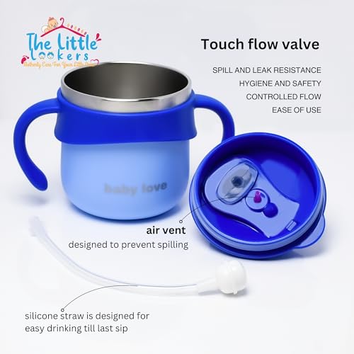Image of THE LITTLE LOOKERS Stainless Steel Sipper Bottle 260ml | 316 Grade SS | BPA Free | Suitable for Hot & Cold |Travelling Bottle for Kids & Toddler|Training Sippy Cup with Straw /Spout Royal Blue