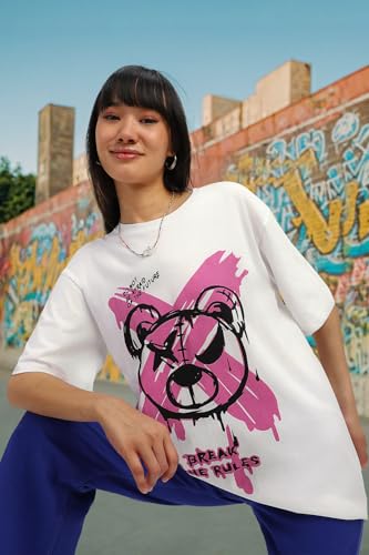Image of JUNEBERRY 100% Pure Cotton Oversized Loose Baggy Fit Drop Shoulder Half Sleeve Round Neck Cool Front Teddy Printed Cork & White T-Shirt for Women /Girls (Available in from S to 2XL)