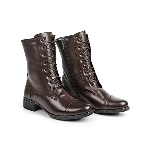 Bota Coturno Feminina em Couro, Cano Médio 18cm, Café, Salto 4cm, com Zíper e Cadarço