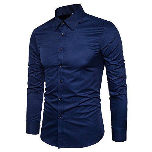 Manwan Walk Men's Slim Fit Business Casual Cotton Long Sleeves Solid Button Down Dress Shirts (Large, Navy Blue) #TOP1