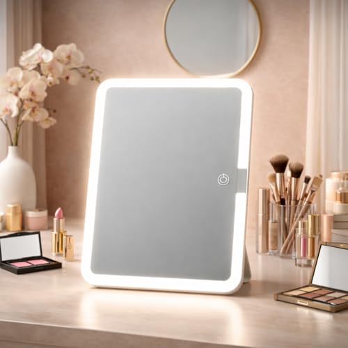 Image of HIMART Rechargeable Travel Makeup Vanity Mirror with LED Lights | Portable Lighted Cosmetic Mirror, 3 Color Lighting, Dimmable Touch Screen, USB Powered Beauty Mirror