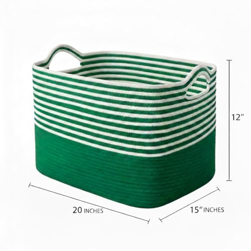 Image of Large Storage Basket, Woven Blanket Basket, Toy Basket with Handle, Laundry Hamper for Living Room, Nursery, Bedroom- 20x15x12 (LXWXH) (green mix)