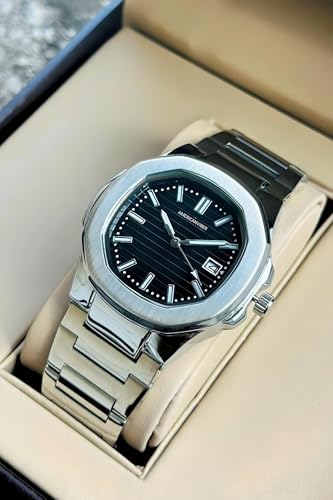 Image of AMERICANVIBER Glossy Stainless Steel Analogue Watch for Men | Black Dial, Date Function & Adjustable Lock | Premium Watches Under 499