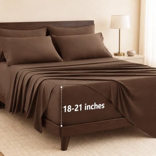 Image of CozyLux 6-Piece Queen Sheet Set, Fits 18-21 Inch Mattresses, Oeko-TEX | 4 Pillowcases, 1 Flat Sheet and 1 Fitted Sheet with All-Around Elastic and 21-Inch Deep Pocket for a Secure Fit, Brown