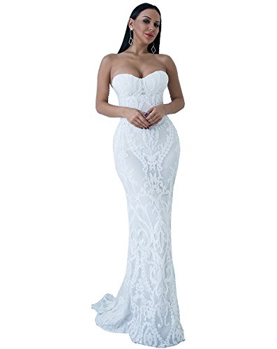 Miss ord Sexy Bra Strapless Sequin Wedding Evening Party Maxi Dress (Medium, White)