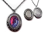 Synthetic Mexican Opal Necklace, Dragons Breath Fire Czech Glass Amulet Color Changing Stone in Gunmetal, Silver or Copper Locket, 18 inch chain