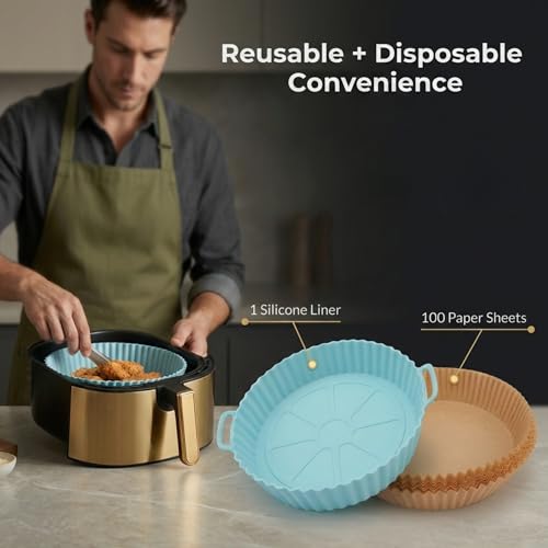 Image of 1 Silicone Air Fryer Liner + 100 Paper Sheets | Reusable Silicone Liner with Disposable Parchment Paper | Non-Stick, Heat Resistant, Oil-Proof | Easy Clean for Air Fryer, Oven & Microwave