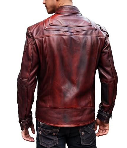 Mens Distressed Leather Motorcycler Jacket - Faux Leather Casual Stylish Maroon Biker Jacket Men3