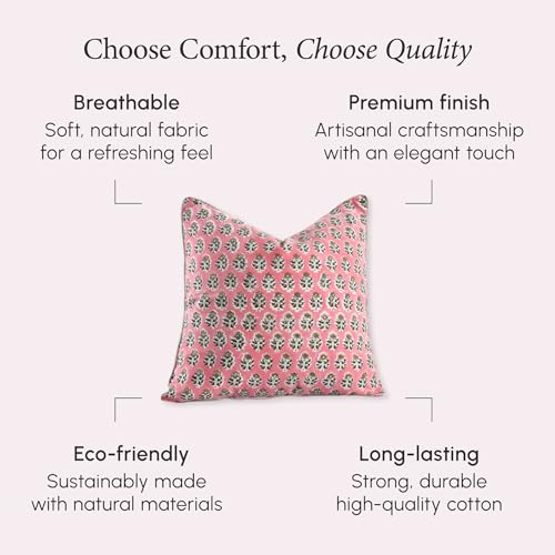 CPC 100% Cotton Throw Pillow Covers 18x18 Inch, Set of 2 Green Block Print Pattern Couch Pillow, Cute Boho Decorative Pillows for Living Room, Bedroom with Hidden Zipper- Poppy Pink