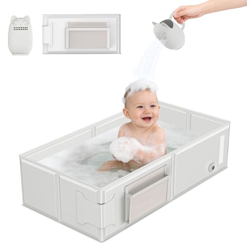 Baby Bathtub, Portable Bathtub with Cat-Patterned Bath Rinse Cup,Foldable Bath Tub for Small Bathroom,Toddler Tub for 6M-5Y,Baby Travel Essentials for...