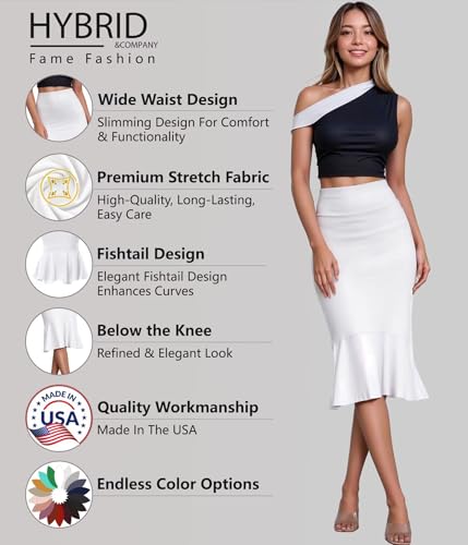 Image of HyBrid & Company Womens Premium Nylon Ponte Stretch Office Fishtail Pencil Skirt High Waist Made in The USA Below Knee