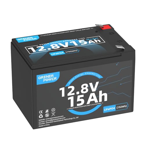 GRENERPOWER 12V 15Ah Lithium LiFePO4 Battery 192Wh 20A BMS 12V Deep Cycle Lithium Battery Up to 4P4S Flexibility Ideal for Camping Electric Gate Security Fish Finders Solar Systems.