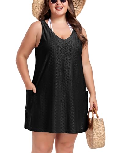 ZOMVA 2025 Women's Plus Size 0X-4X Swimsuit Coverup with Pockets Sleeveless Bikini Beach Cover Up Dress Outfits Swimwear
