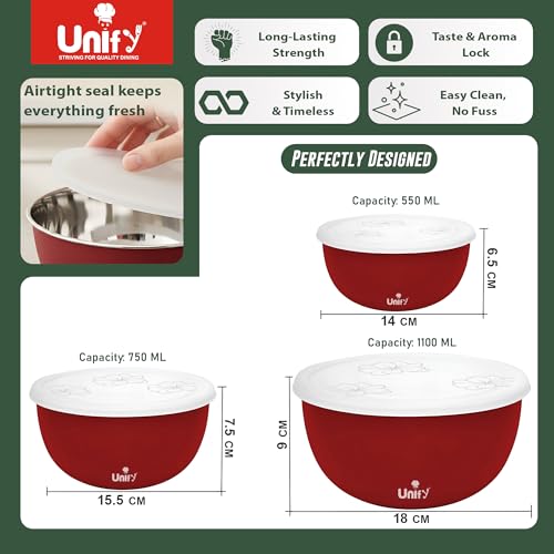 Image of Unify 3 Pieces Stainless Steel Bowl Set with Lid (1100ml, 750ml, 550ml) | Food Grade Steel Mixing & Storage Bowls | Multipurpose Kitchen Container for Dal, Sabzi, Curd & Leftovers