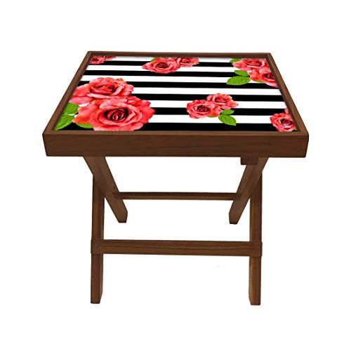 Image of Nutcase Designer Teak Wood Side Table Folding Wooden Bedside Coffee Outdoor Picnic Table - Black Stripes Floral