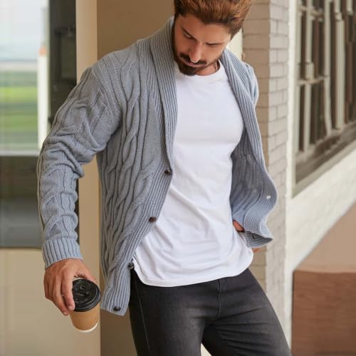 TERGHTP Mens Cardigan Sweater Shawl Collar Cable Knit Button Up Sweaters - image 4