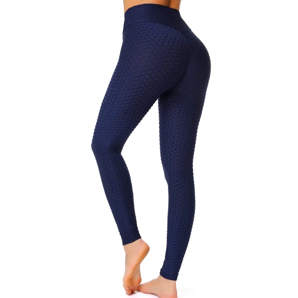 STAR FASHION Women Honeycomb Waffle Leggings Anti Cellulite High Waist Yoga Pants Tummy Control Gym Butt Lifting Textured Scrunch Butt Tights | NavyBlue | Medium