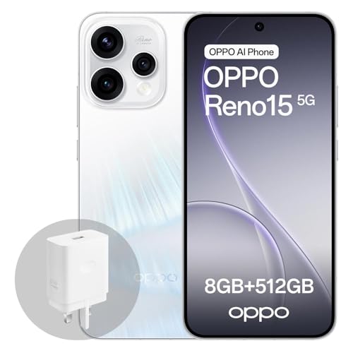 OPPO Reno15 5G Smartphone Android 8+512GB, Pantalla AMOLED 6,59' 120Hz HDR10+, Retrato Telefoto Vibe 3,5X, Batería 6500mAh, Snapdragon 7 Gen 4, IP69, con cargador Supervooc, Aurora White