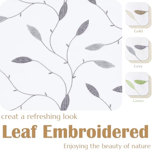 jinchan Sheer Valance for Window Gray Leaf Embroidered 18 Inch 1 Panel - image 4