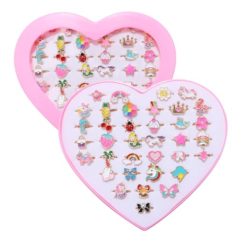 PASEMM 36pcs Little Girl Jewel Rings, Adjustable Unicorn Rings Toys, No Duplication Kids Play Ring in Box,Dress Up for 4-12 Year Old Girls, Birthday Christmas Valentine's Day Holiday Gifts