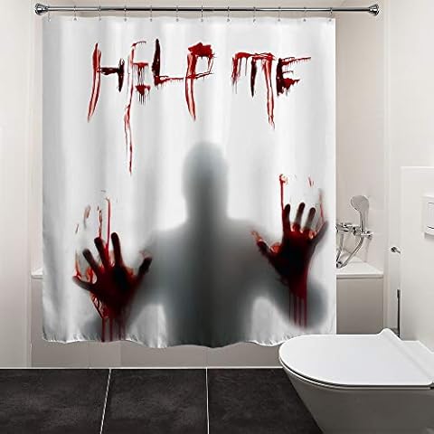 HIYOO Halloween Horror Scary Bloody Shower Curtain Sets with Hooks, Bathroom Hallowmas Theme Bathtub Curtain Art Decor, Waterproof Fabric and No Need Liner 72x72 Inches - Help Me Cover