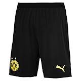 Official Borussia Dortmund crest applied auf right leg, Embroidered PUMA Cat Brandings auf left leg, PUMA für mstrip auf both sides