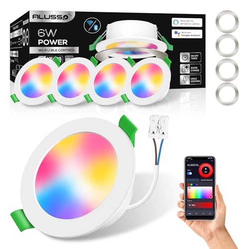 ALUSSO 4 Stück WIFI Einbaustrahler Led,6W 600LM 3000K-6500K Dimmbar mit APP Alexa,68-75mm Lochmass IP54 Deckenspots für Wohnzimmer und badezimmer