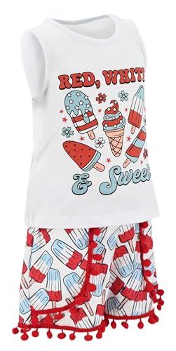 Image of Unique Baby Girls Toddler Big Kid Sleeveless Tank with Pom Pom 2pc Shorts Set Outfit