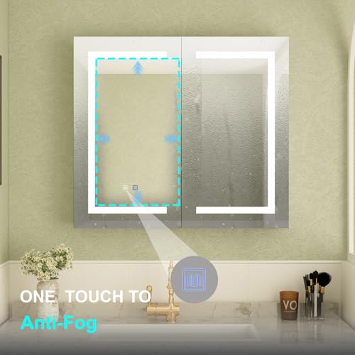 Botiquín para Medicinas con Espejo LED Iluminado y Función Anti-Vaho, Armario de Baño Empotrado en Pared con Estantes de Almacenamiento, Luces Ajustables, 2 Puertas, Blanco, 5,1" de Profundidad x 35,4" de Ancho x 31,5" de Alto miniatura 2