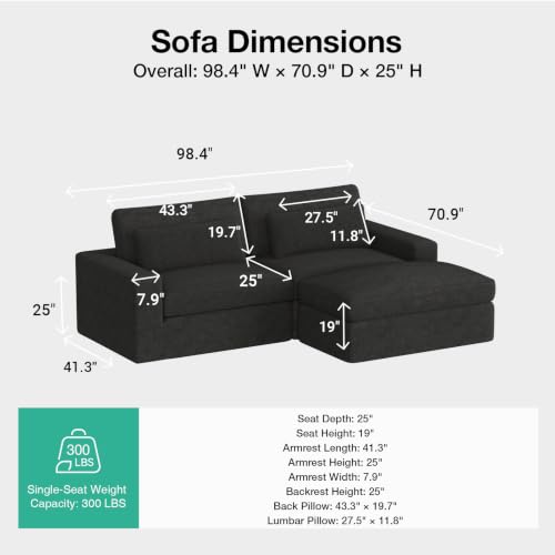 Image of Novilla 98 inch Deep Seat Modular Sectional Sofa, Removable Washable Covers, L Shape Cloud Couch with Lumbar Pillows, Chenille Boneless Sectional Couch Dark Gray, No Assembly Required
