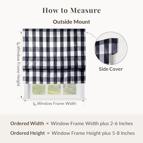 Image of TWOPAGES No Drill Cordless Buffalo Plaid Roman Shades Gingham Checkered Roman Blinds for Windows, Custom Made Room Darkening Blinds Farmhouse Shades, Black Grid, 1 Piece