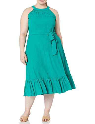 Calvin Klein Women's Plus Size Midi Dress with Halter Tie Neck and Self Sash, Jungle, 18W