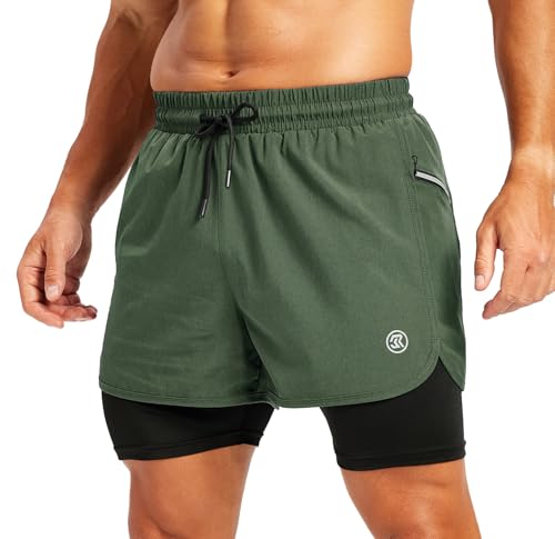 Herren 2 in 1 Sport Shorts mit Innenhose Laufshorts mit Reißverschlusstasche Atmungsaktive Schnell Trocknende Fitness Shorts für Gym Training Running Armeegrün M