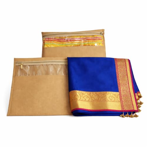 Image of Multipurpose Designer Bow Saree Cover with Travel Pouch, Pack of 10, Transparent Clothes Storage Bag for Saree, Suit, Lehenga & Ethnic Wear, Beige