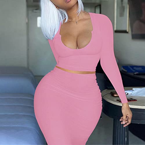 Image of Women Sexy Two Piece Skirt Outfits Long Sleeve /Sleeveless V Neck Bodycon Ribbed Knitted Maxi Club Party Dress