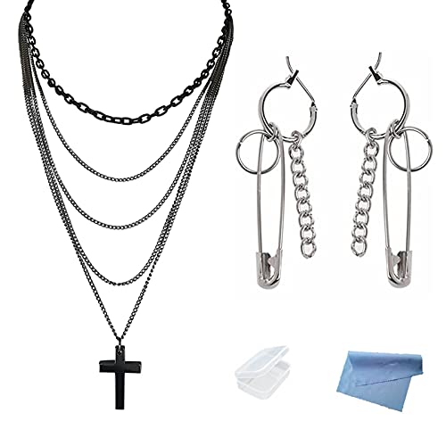 Collar cruzado de cadena larga negra gótica y pendientes punk unisex