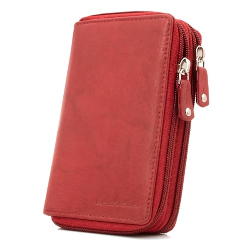 ekavale Hochwertige Damen Geldbörse aus echtem Leder, Frauen Geldbeutel mit RFID-Schutz, Großes Portemonnaie mit Reißverschluss und Viele Kartenfächer (Antik-Rot)