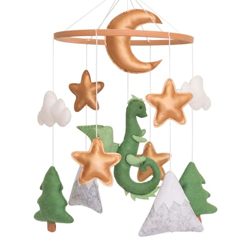 Dragon Baby Mobile, Forest Mobile for Crib, Crib Mobile for Boys and Girls, Nursery Mobile for Bassinet, Pack and Play, Moon, Green Dragon, Cloud, Star, Mountain, Tree