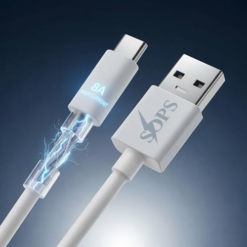 Image of 85W Fast Charging USB A to Type C Cable, 8A High Speed Charging & Data Sync Cable, Premium TPE USB C Charger Cable, Reinforced Connectors, 1 Meter, Compatible with USB Type-C Smartphone, White