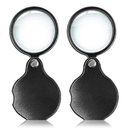PLABBDPL Mini lupa de bolsillo plegable, 2 unidades de lupa de mano plegable de lectura de vidrio óptico pequeño con funda protectora de piel, pequeña lupa de bolsillo para leer pasatiempos